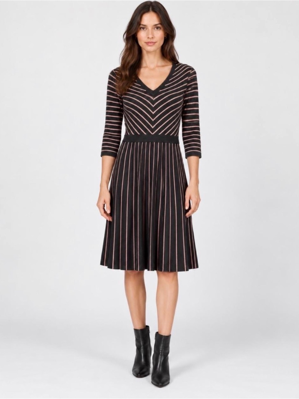 Boden Womens Grey Striped Knit Dress 8R Fall Dress Workwear V Neck